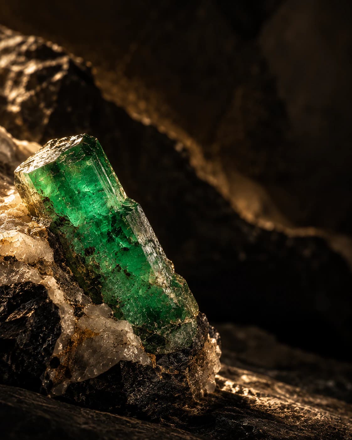 Imagen editorial: cristal de esmeralda en bruto sobre roca oscura